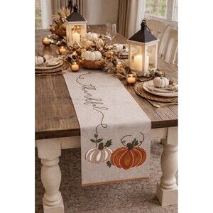 MUD PIE - Pumpkin Thankful Thanksgiving Table Runner Oatmeal Fall 14" x 72"